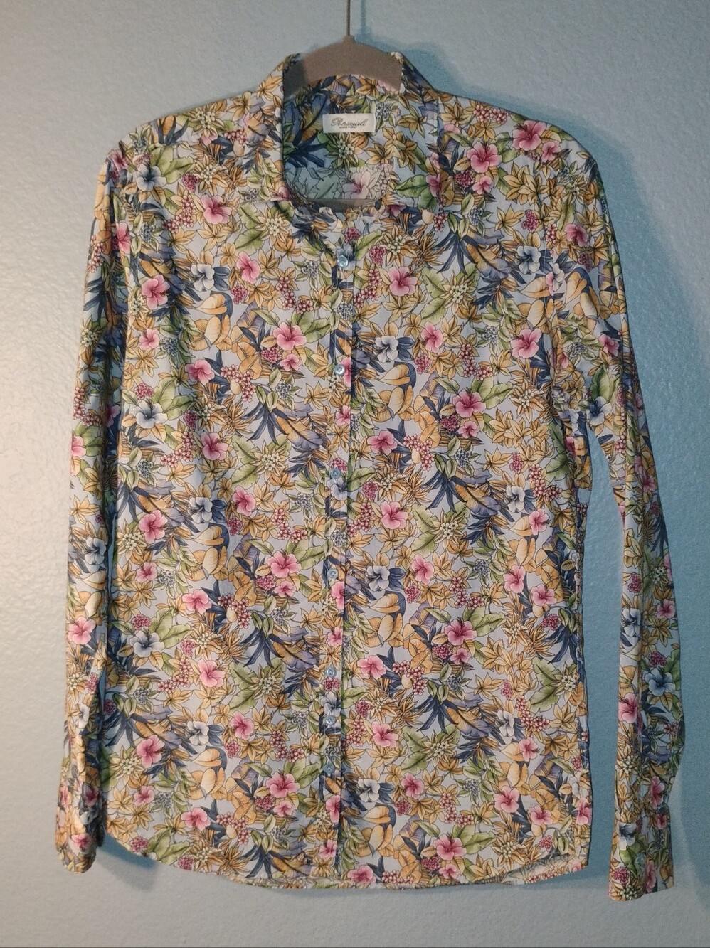 Men's Floral Button-Down Shirt - Multicolor (Green, Pink) Vintage Made In Italy.